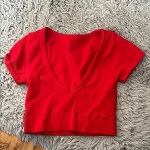 Red V-Neck Ribbed Women's Top